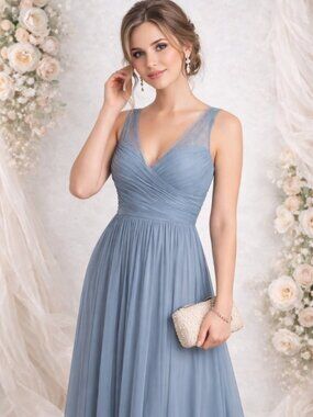 Hitherto Dusty Blue Chiffon Lace Bridesmaid Dress Maxi Size 6